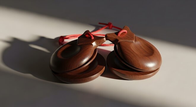 A pair of brown wooden objects with red ribbons on a table indoors