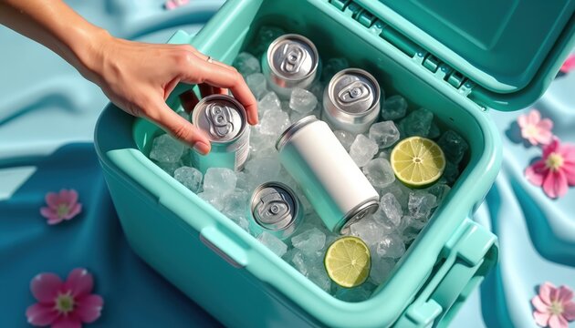 Hand selects cold soda can from teal cooler packed with ice, lime slices and pink flowers. Refreshing drink container awaits person for summer enjoyment at picnic or party event.