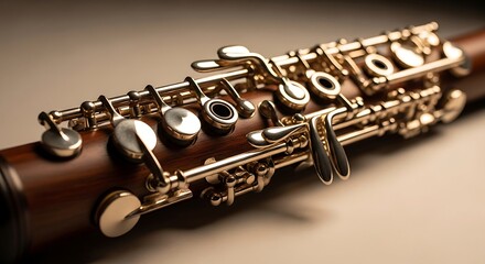 Obraz premium A close-up view of a shiny oboe lying on a beige surface showcasing its intricate keys and wooden body
