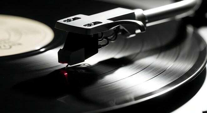 A close-up view of a record player with a stylus on a vinyl record spinning on a turntable in a dark room.