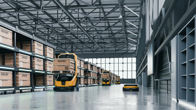 Modern automated warehouse interior with autonomous guided vehicles moving cargo crates for industrial logistics- 3D rendering