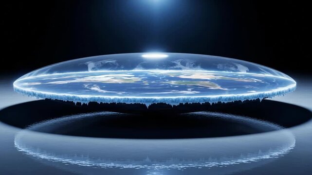 Glowing Blue Flat Earth Model with Protective Energy Barrier