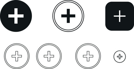 Fototapeta premium Plus Icon Set with Solid, Outline, Circle, and Square Variations for Digital Interfaces and App Design