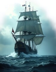 Obraz premium Old sailing ship navigates rough sea under cloudy sky. Nautical vessel with full sails cuts through ocean waves. This historic boat sails on marine adventure.