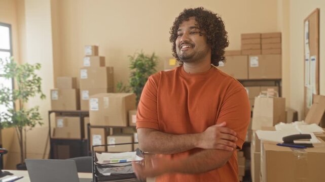 Man with crossed arms and a box among stacked cardboard parcels in a building office, smiling at camera; entrepreneurship growth confidence.