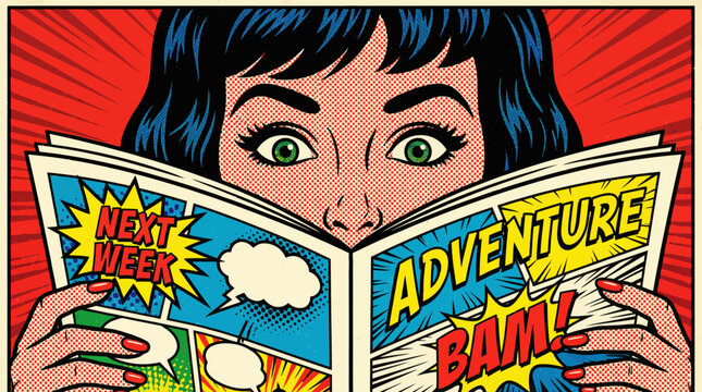 Close-up of a woman with black hair reading vibrant retro comic books in pop art style