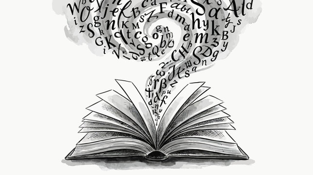 Open book with a brain-shaped word cloud rising from its pages, symbolizing knowledge, learning, and imagination