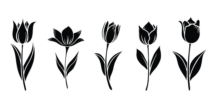 Five stylized black and white tulips arranged in a row with stems and leaves