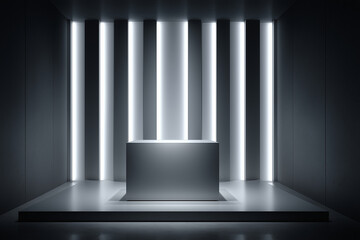 Fototapeta premium Brushed Aluminum Podium with Soft Glowing Vertical Slits in Futuristic Showroom