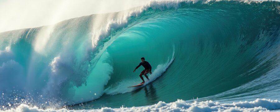 Surfer rides massive turquoise wave tube. Man balances on surfboard inside ocean barrel, water splashing. Powerful ocean sport, skilled rider conquers sea.