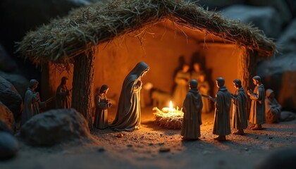 Fototapeta premium Nativity scene with Mary, Joseph, and shepherds gathered. A candle illuminates the holy birth in stable setting. Figures wear robes in dim warm light.
