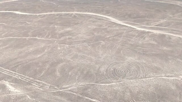 Panoramic view of the ancient Nazca Lines in the Peruvian desert. UNESCO World Heritage archaeological site and geoglyphs.