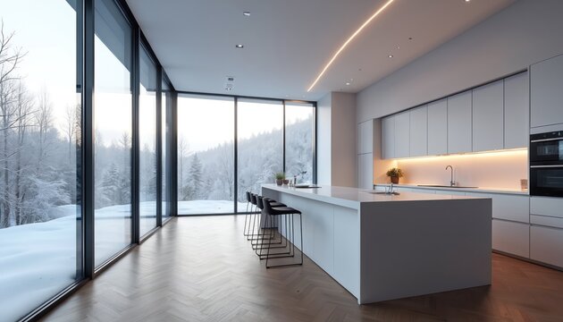 Modern minimalist kitchen with large windows, white island bar, and sleek cabinets. Offers panoramic snow-covered forest views. Ideal for luxury home or real estate.