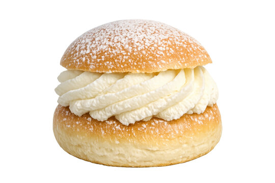 Swedish semla bun with cream and powdered sugar