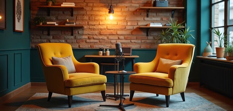 Two yellow armchairs and microphones are ready in a studio for podcast recording or interview. Cozy atmosphere with brick wall and plants, warm lighting.