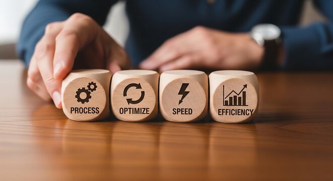 A person's hand is arranging four wooden cubes with icons and words representing business concepts: Process, Optimize, Speed, and Efficiency.