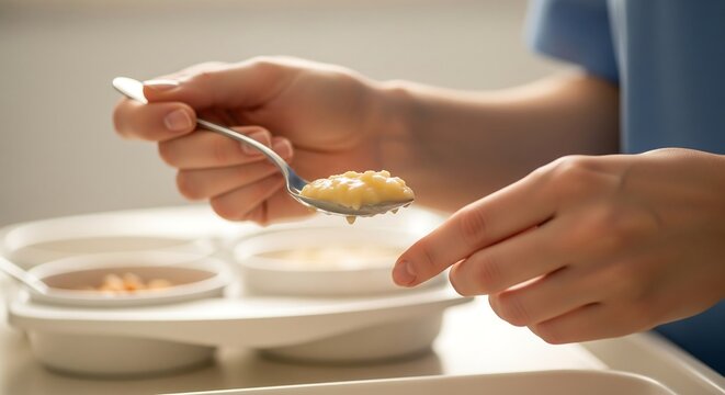 A close-up shot of a person's hands holding a spoon with food, ready to be served.