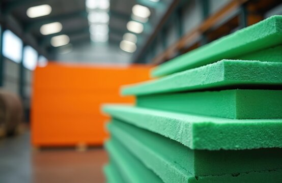 Stacked green foam sheets in factory close up. Orange insulation material stored in large warehouse. Industrial manufacturing process for building construction.