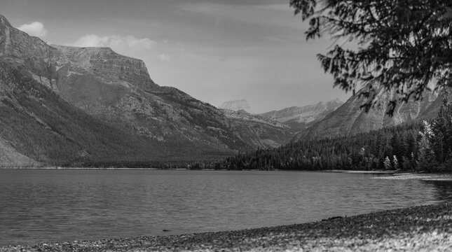 Moody Black and White Mountain Lake Landscape with Forest and Shoreline