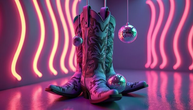 Cowboy boots and disco balls hang in neon glow. Retro Y2K glam meets country western style. Funky pop culture vibe with vibrant pink and yellow light.