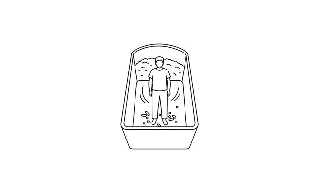 Minimalist outline illustration of a human figure standing in a large granular container