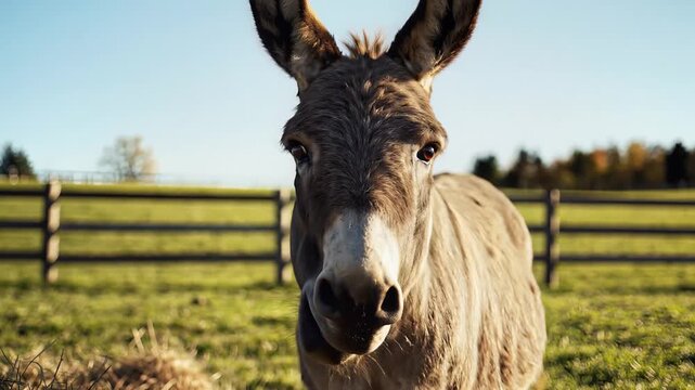 Close Up Portrait of a Curious Donkey on a Sunny Farm Pasture