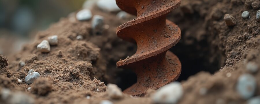 Rusty auger drill bit burrows into rocky soil for earth sampling. Tool digs deep into dirt ground for construction survey and geo engineering research.