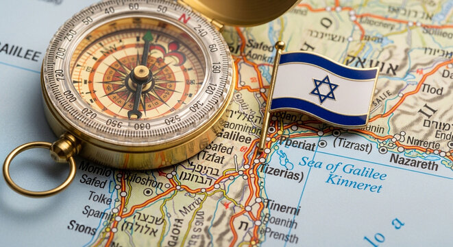 A vintage brass compass rests on a map of Israel, with a small Israeli flag marking a location near the Sea of Galilee.