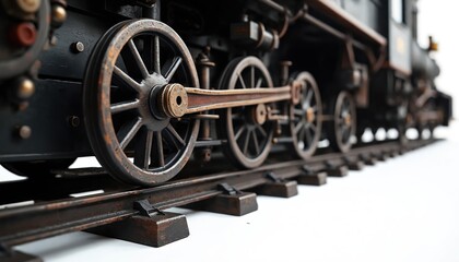 Fototapeta premium Closeup macro view of vintage steam engine wheels on railroad tracks. Historic industrial locomotive detail with complex metal machinery. Old transport engineering power.