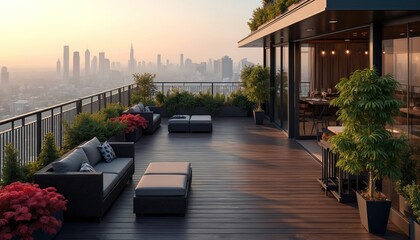 Obraz premium Modern rooftop terrace with city skyline view. Outdoor seating area with furniture and plants overlooks distant skyscrapers. Luxury apartment balcony offers serene urban escape at sunset.