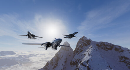 Fighter Jets Formation Over Snowy Mountains With Sunlit Sky — Military Aircraft 3D Rendering © edb3_16