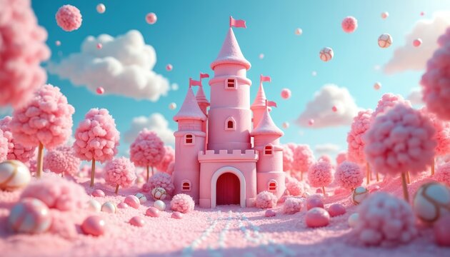 Pink castle stands in candy land with cotton candy trees and sweet ground. Light blue sky with clouds and floating sweets creates magical dreamscape for kids.