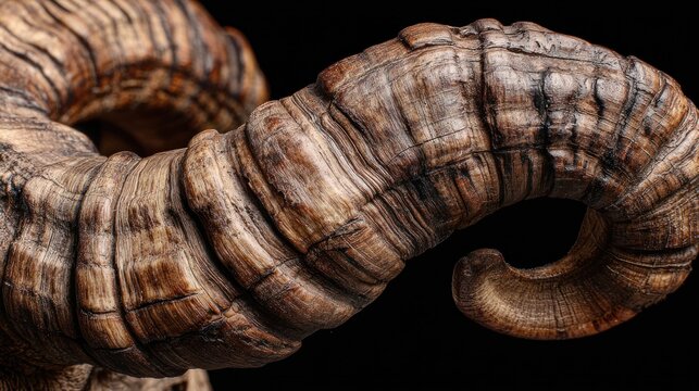 Close-up of a curled, textured animal horn with detailed rings and a dark background