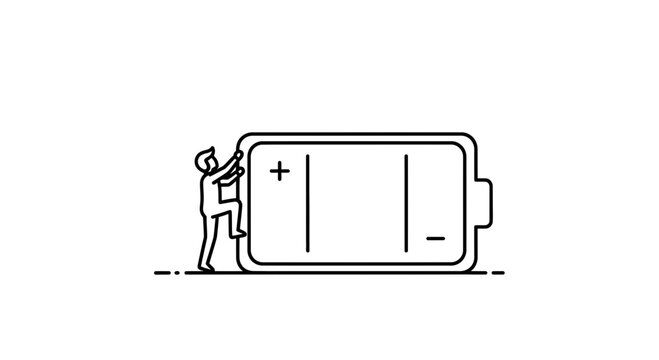 Diligent individual striving to reach peak power on a large battery icon representing energy and