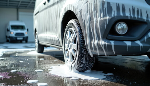 Car gets covered in foam at service station. Suds drip down side. Another van waits in background. Vehicle cleaning process, automotive care, pro washing.