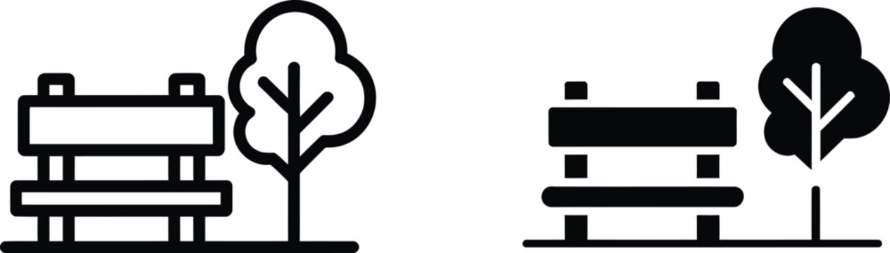 Park bench and tree in black and white symbol outdoor