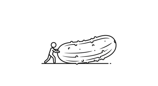 A small figure struggling to move an enormous cucumber, representing disproportionate effort and