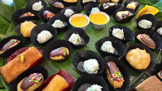 Assorted Traditional Indonesian Snacks Jajan Pasar on Banana Leaf
