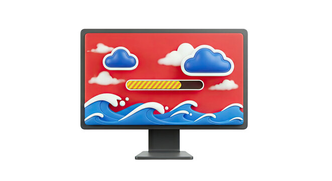 Computer Screen Displaying Loading Bar with Clouds and Waves