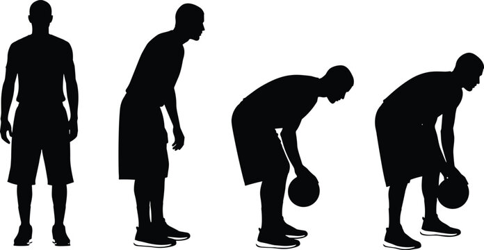 Black silhouette of male basketball player in sequence showing standing pose and bending down to pick up ball isolated on white background for sports design.