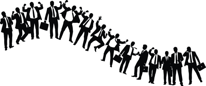 Silhouette illustration of businesspeople in suits with briefcases arranged in wave formation, representing teamwork, corporate success, energy, collaboration, and professional industry concept