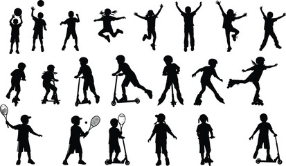 Fototapeta premium Collection of active kids silhouettes set, featuring children playing sports, riding scooters, rollerblading and jumping vector icons for school, park, and healthy lifestyle designs.