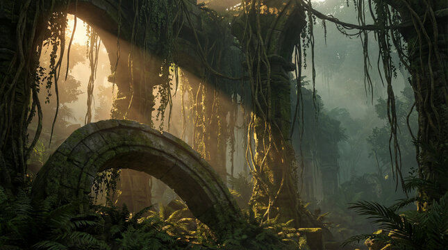 Ancient Stone Ruins Overgrown with Vines in Golden Afternoon Light
