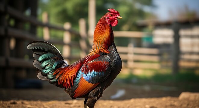 Close Up of Traditional Desi Murga Chicken Standing in Rural Farm Environment