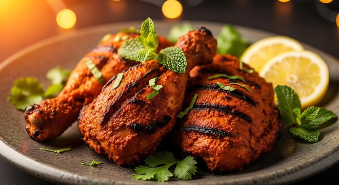 Spicy Grilled Murga Chicken Served on Rustic Plate with Traditional Indian Style