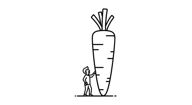 A small person stands in awe beside a massive carrot illustrating disproportionate scale