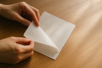 Obraz premium Hands holding peeling adhesive sheet on wooden table with natural light