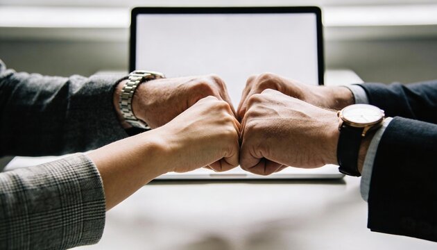 Fist bump hands gesture in office teamwork collaboration gesture business context