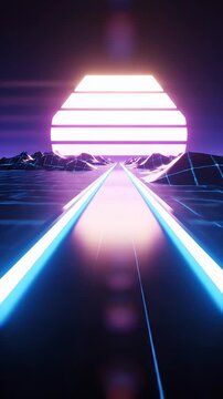 Retro Neon Sunset Road Motion Loop With Geometric Mountains And Grid