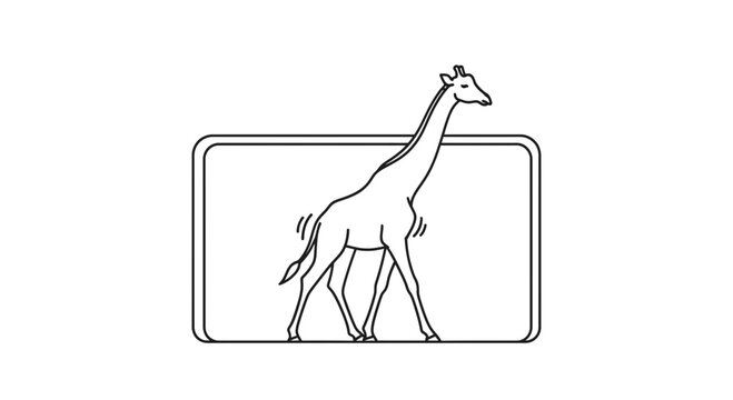 Elegant linear illustration of a majestic giraffe striding confined within a clean graphic frame
